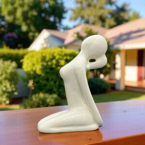 Abstract White Ceramic Kneeling Figure Sculpture yoga minimalist decor